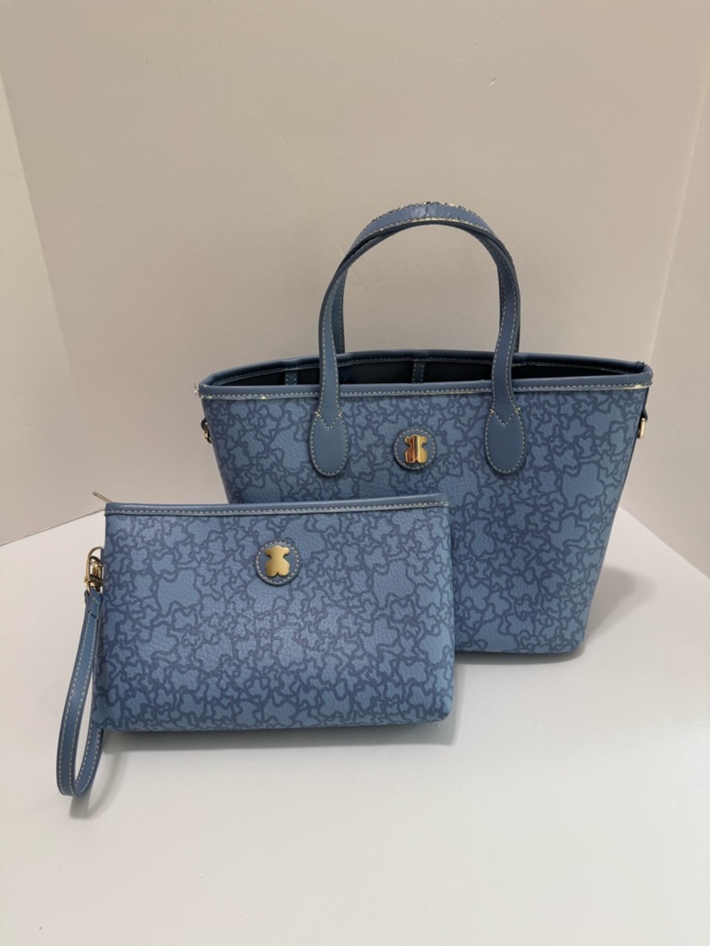 TOUS Kaos Bear Monogram Blue Tote & Wristlet Pouch Set Gold Tone